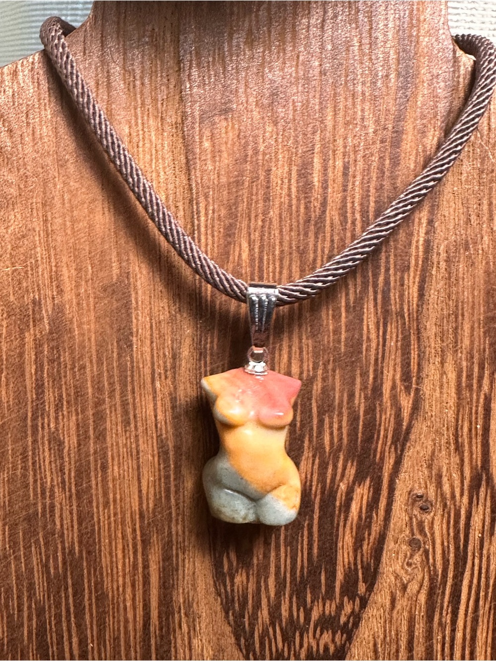 Multicolor Mini Agate Body Carving Pendant Necklace on Brown Rope - Picture 7 of 16